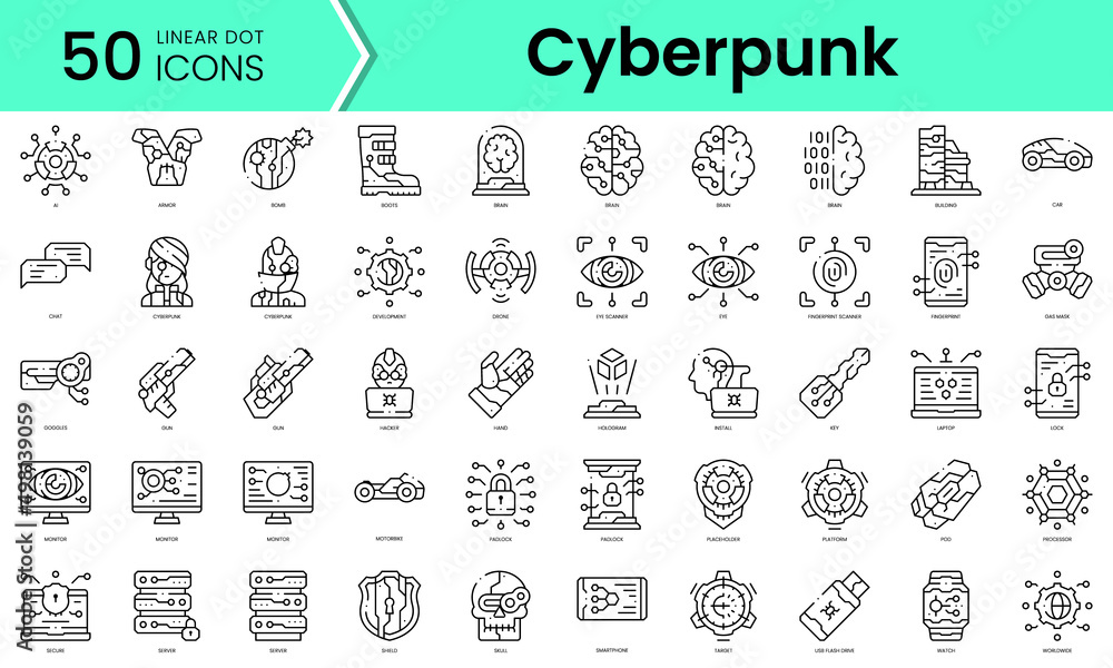 Set of cyberpunk icons. Line art style icons bundle. vector illustration