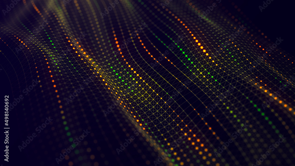 Futuristic glowing wave. The concept of big data. Network connection. Cybernetics and technology. Abstract dark background of moving green and orange dots. 3d rendering. Futuristic glowing wave. The concept of big data. Network connection. Cybernetics and technology. Abstract dark background of moving green and orange dots. 3d rendering.