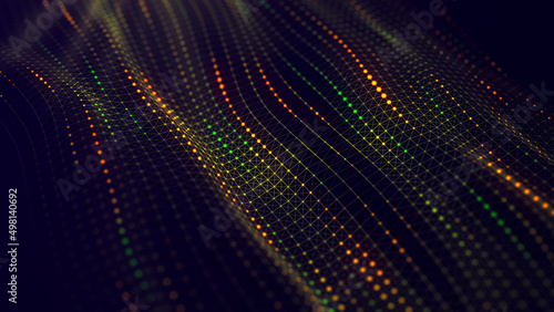 Futuristic glowing wave. The concept of big data. Network connection. Cybernetics and technology. Abstract dark background of moving green and orange dots. 3d rendering.
