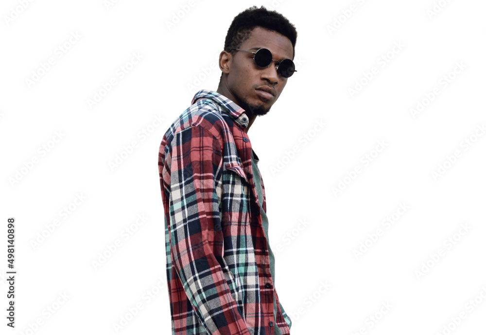 Portrait of stylish african man wearing sunglasses, red plaid shirt, guy posing isolated on white background Portrait of stylish african man wearing sunglasses, red plaid shirt, guy posing isolated on white background