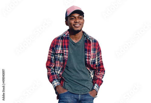 Canvas Print Portrait of stylish smiling young african man posing wearing baseball cap, red p