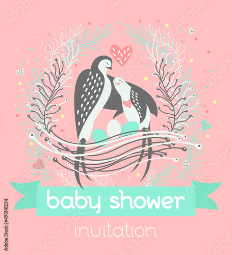 Baby Shower celebration or birthday invitation card. Swallow family in the nest with eggs. Cute Vector design