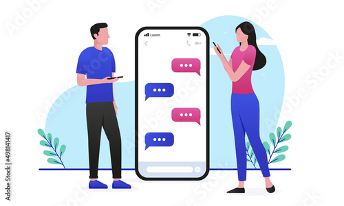 People text message - Man and woman sending texts on phone. Flat design vector illustration with white background