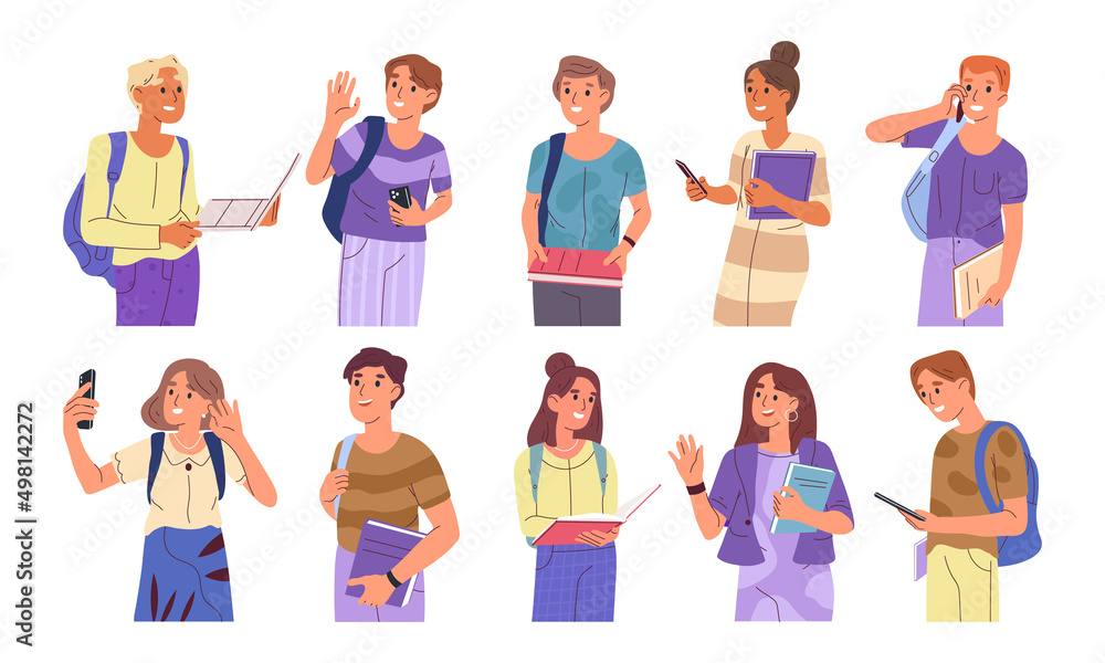 University student, young teen study characters, school friends. College or high school students holding books and backpacks vector symbols set. Classmate teen characters