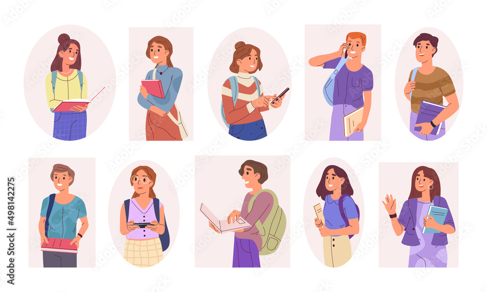Teenage people, happy students portraits, young man and woman diverse. Curious teen girls and boys, college student group vector symbols illustrations set. High school pupils Teenage people, happy students portraits, young man and woman diverse. Curious teen girls and boys, college student group vector symbols illustrations set. High school pupils