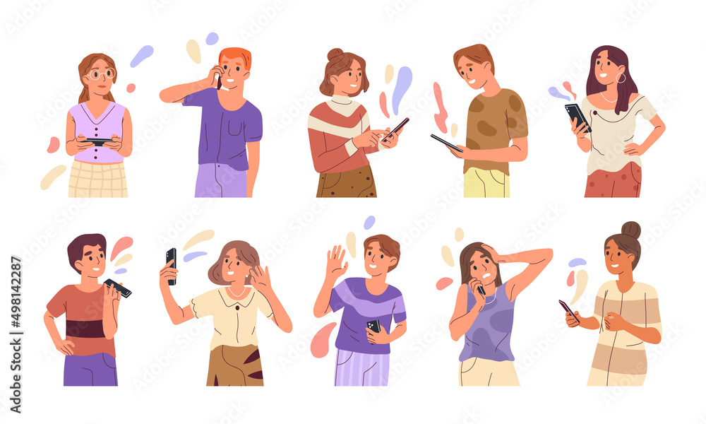 Mobile phone users, people with smartphone, characters social conversation. Teenagers using cellphones, chatting and making selfie vector symbols illustrations. Young people with gadgets Mobile phone users, people with smartphone, characters social conversation. Teenagers using cellphones, chatting and making selfie vector symbols illustrations. Young people with gadgets