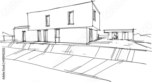 hand drawn architectural sketches of modern one story detached house with garden  and garden house
