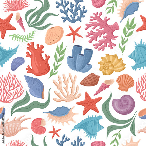 Cartoon marine sea shell, starfish, coral seamless pattern. Ocean underwater clams, seashells, coral and seaweed vector symbols background set. Marine wildlife elements