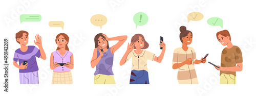 People with mobile phone, girl and boys talking using cellphone. Teen couples chatting with each other vector symbols illustrations set. Girls and boys using smartphones