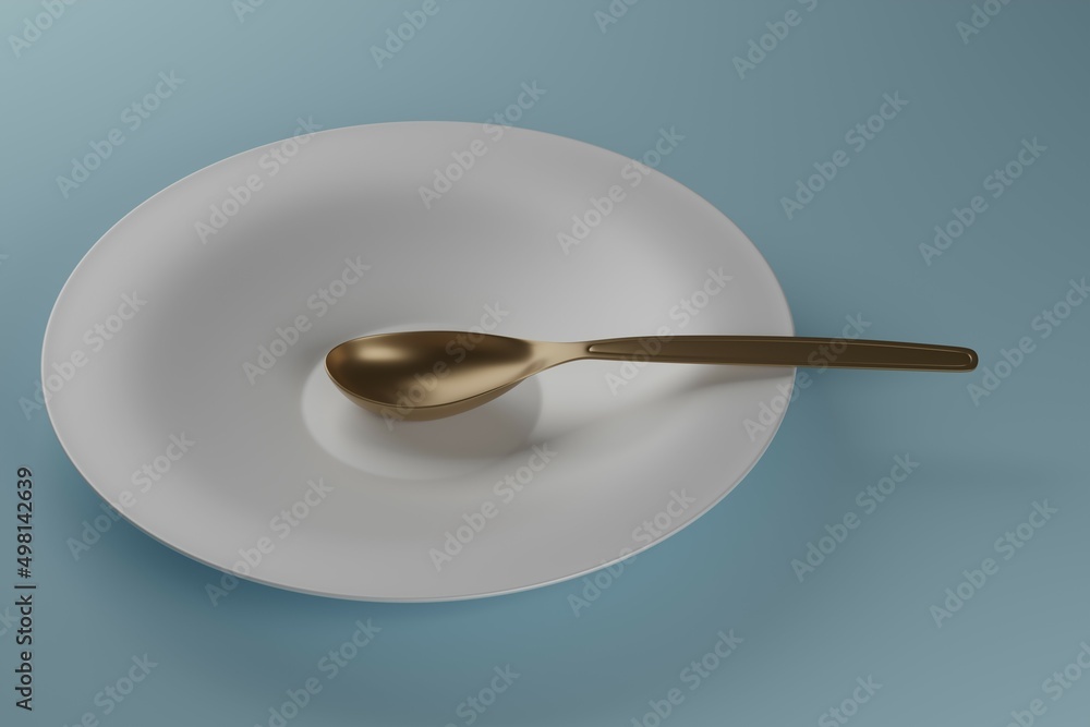 An empty plate with a golden spoon on a light blue background. Illustration. An empty plate with a golden spoon on a light blue background. Illustration.