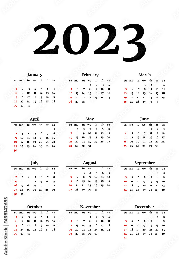 Calendar for 2023 isolated on a white background Calendar for 2023 isolated on a white background
