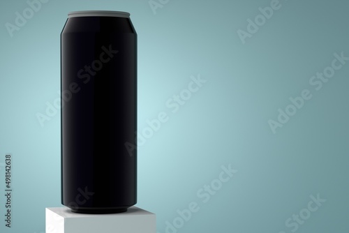 Black tin aluminum can on a pedestal on a blue background. Place for text.