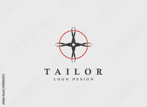 Abstract Tailor Logo. Black Buttonhole and Needle with Red Circle Line Thread Combination isolated on Grey Background. Usable for Garment and Handmade Logos. Flat Vector Logo Design Template Element.