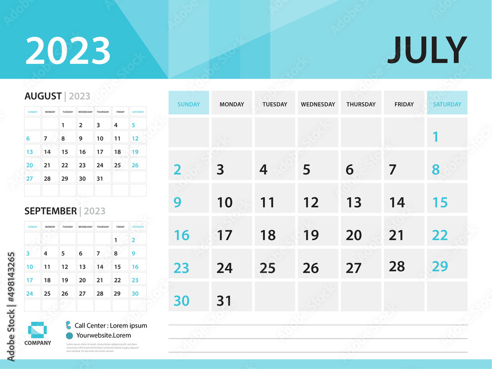 Calendar 2023 template, July 2023 year, Desk Calendar 2023 template, Week Start On Sunday, Wall calendar design, Planner layout, Stationery, Poster, printing media, Blue background vector Calendar 2023 template, July 2023 year, Desk Calendar 2023 template, Week Start On Sunday, Wall calendar design, Planner layout, Stationery, Poster, printing media, Blue background vector