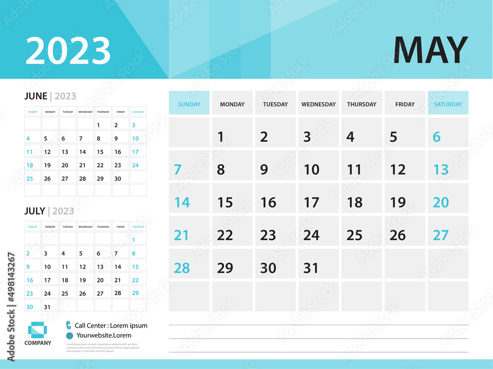 Calendar 2023 template, May 2023 year, Desk Calendar 2023 template, Week Start On Sunday, Wall calendar design, Planner layout, Stationery, Poster, printing media, Blue background vector Calendar 2023 template, May 2023 year, Desk Calendar 2023 template, Week Start On Sunday, Wall calendar design, Planner layout, Stationery, Poster, printing media, Blue background vector