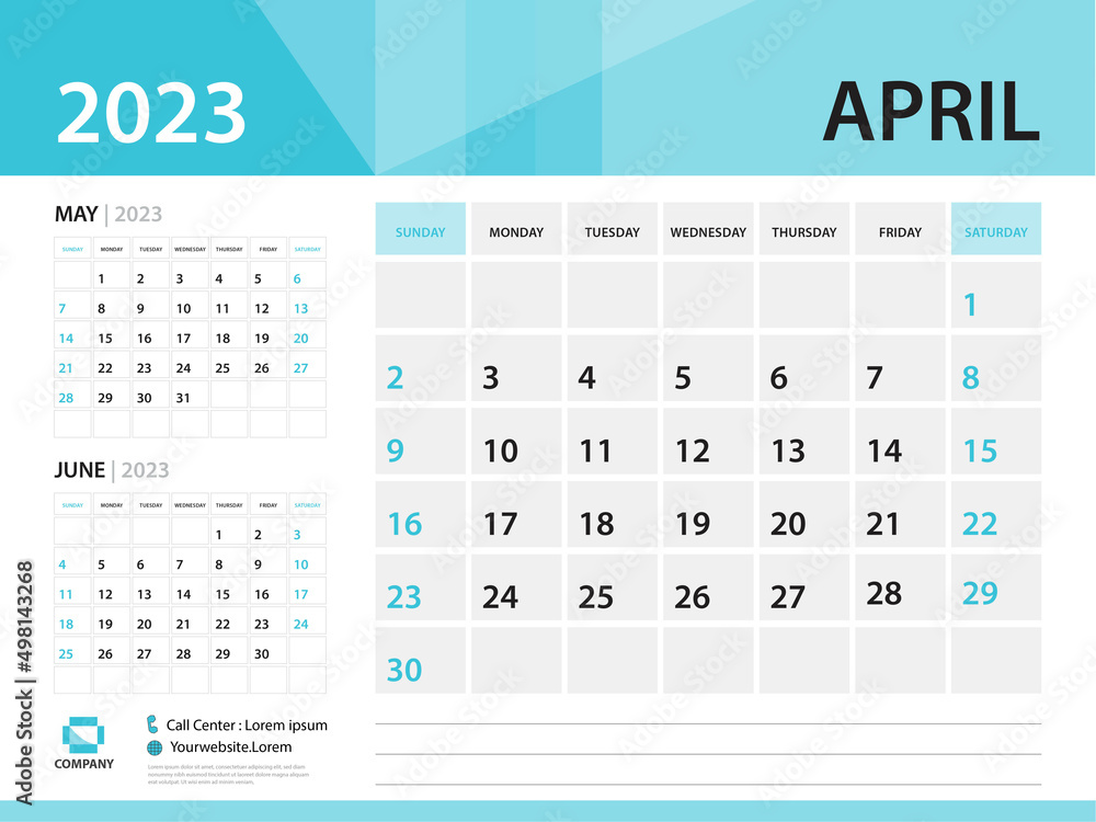Calendar 2023 template, April 2023 year, Desk Calendar 2023 template, Week Start On Sunday, Wall calendar design, Planner layout, Stationery, Poster, printing media, Blue background vector Calendar 2023 template, April 2023 year, Desk Calendar 2023 template, Week Start On Sunday, Wall calendar design, Planner layout, Stationery, Poster, printing media, Blue background vector