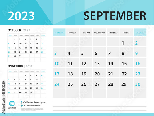 Calendar 2023 template, September 2023 year, Desk Calendar 2023 template, Week Start On Sunday, Wall calendar design, Planner layout, Stationery, Poster, printing media, Blue background vector
