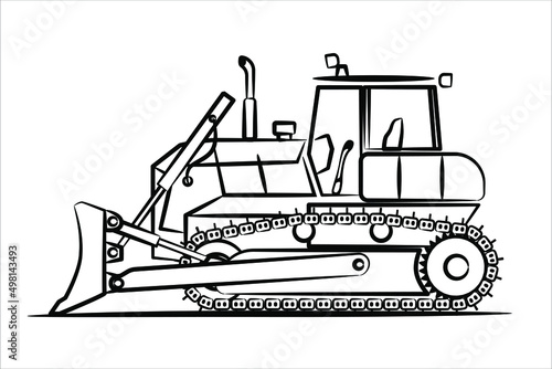 A hand drawn line of bulldozer for paving the road, commercial vehicle. Heavy backhoe construction machines equipment concept. Earth mover, bulldozer. Crawler bulldozer line icon. Vector eps 10