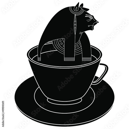 Bust of goddess Tefnut emerging from a cup of tea or coffee. Ancient Egyptian mythology. Woman with lioness head. Creative funny beverage design. Black and white silhouette. 