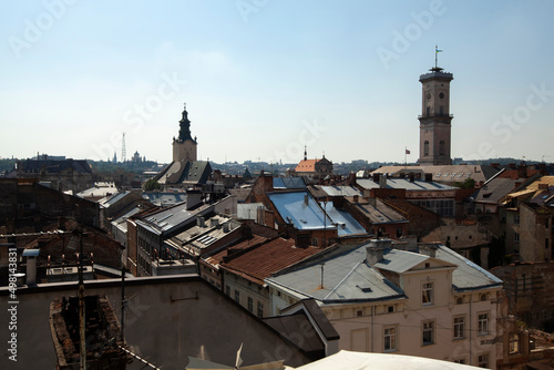 A view of the rooftops in the center of Lviv, Ukraine.