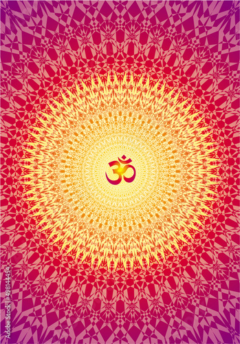 Mandala object of rotation with the sign om, aum in center. Red and yellow color