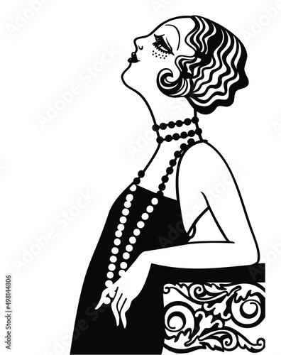 Vintage woman portrait in 1920s style fashion with cloche hat and dress. Vector retro style flapper girl isolated on white