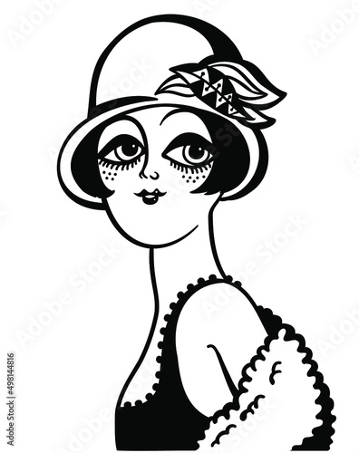 Vintage woman portrait in 1920s style fashion with cloche hat and dress. Vector retro style flapper girl isolated on white