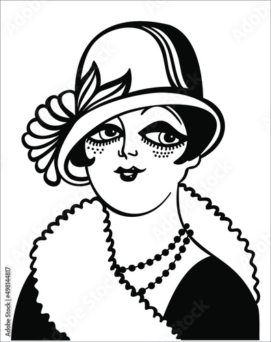 Vintage woman portrait in 1920s style fashion with cloche hat and dress. Vector retro style flapper girl isolated on white