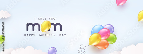 Mother's day postcard with flying balloons bunch and gift box on blue sky background. Vector 3d colorful ballons special mum postcard template