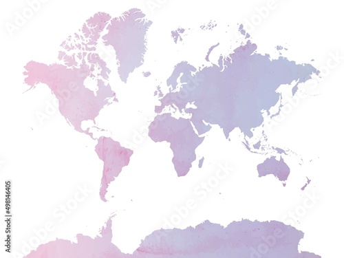 pink and violet watercolor world map isolated on white, vector illustration