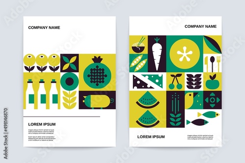 Geometric food banner set. Abstract green fruit vegetable pattern, organic bauhaus posters. Vector template for branding
