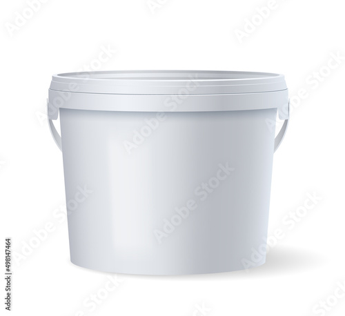 White glossy plastic bucket with lid and handle for food products, paint, household stuff photo