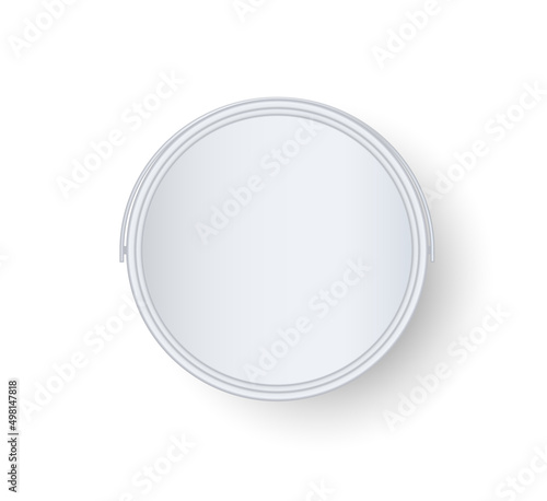 Realistic white plastic bucket with lid, top angle view. 3d packaging for food stuff, mockup icon