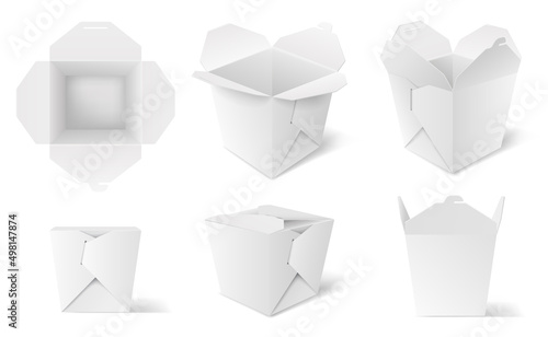 Realistic take away noodle box mockup for chinese food set. Blank cardboard takeaway container