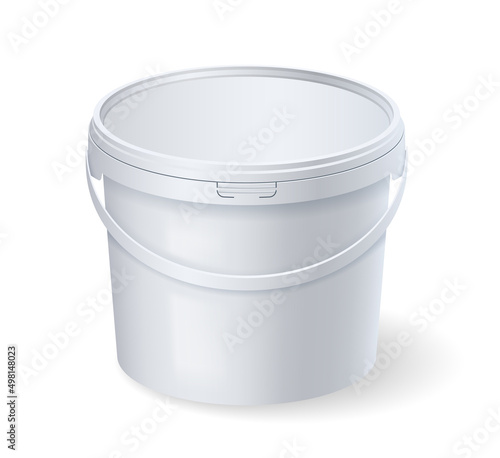 White matte plastic bucket for food products, paint, household stuff. Realistic packaging mockup