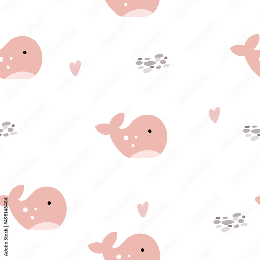 Seamless pattern with cute pink whales and hearts in cartoon style on white background