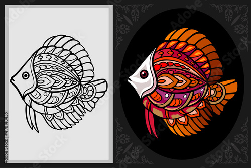 Colorful Discus fish zentangle art with black line sketch isolated on black and white background