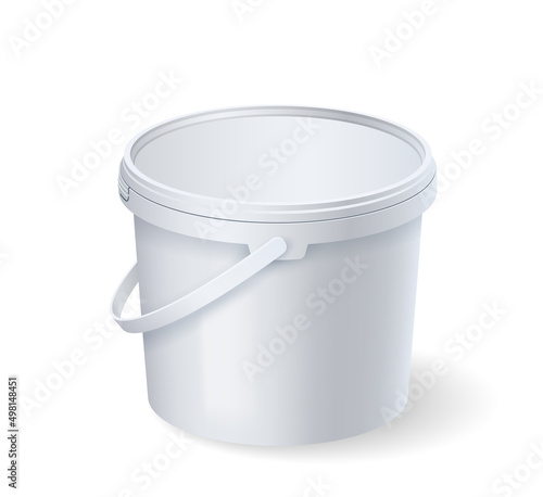 Realistic white bucket with plastic cap and handle mockup. Blank food product container template