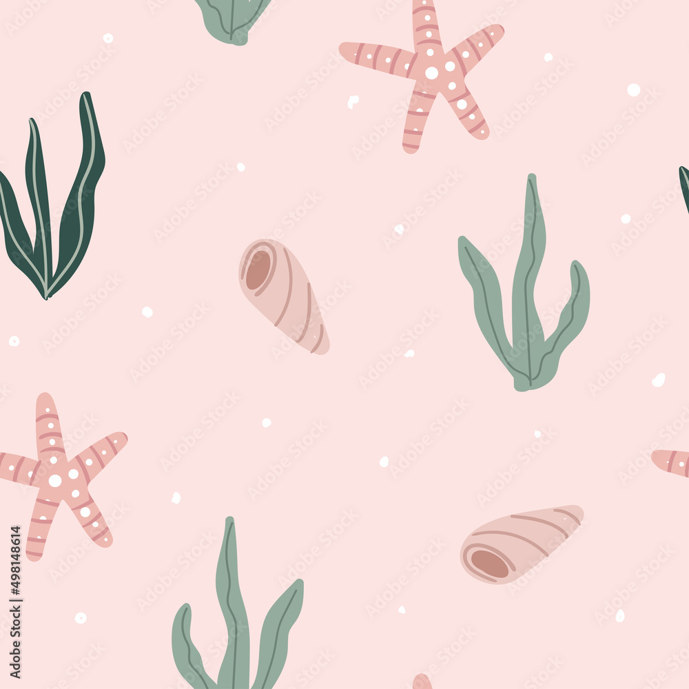 Marine seamless pattern with shell, algae, starfish in cartoon style on pink background Marine seamless pattern with shell, algae, starfish in cartoon style on pink background