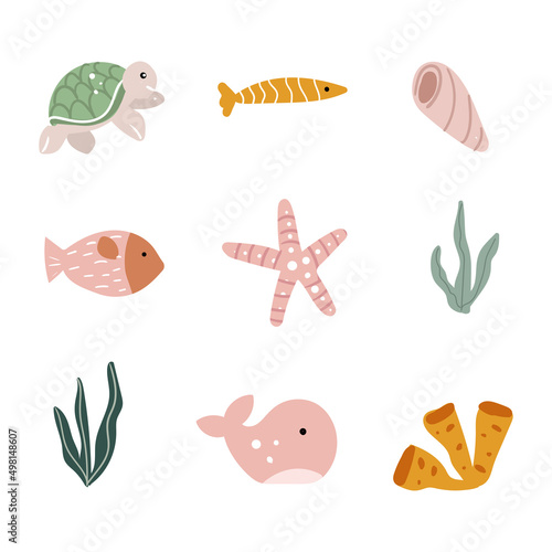 Collection of marine inhabitants and plants for cute stickers, vector illustration whale, fish, turtle, shell, algae, coral