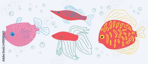 A set of red fish. Marine flora and fauna. Flat vector style. 