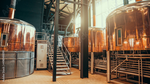 Brewery equipment. Brew manufacturing. Round cooper storage tanks for beer fermentation and maturation. photo