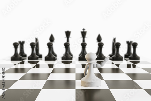 Abstract chessboard with creative pawn character showing peace sign with hands on light background. Caricature and chessman concept. 3D Rendering.