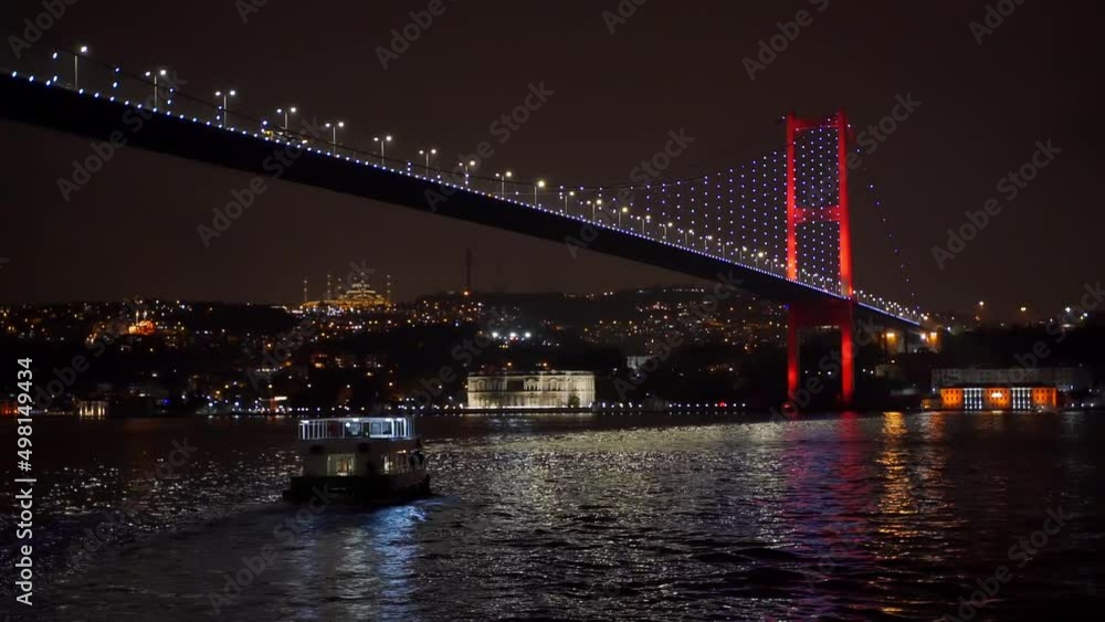 Istanbul Bosphorus Bridge at night. 15 July Martyrs Bridge. Istanbul Turkey. Cinematic panorama. Smooth flowing, heavy traffic during rush hour on Bosporus Bridge. The ciragan palace kempinski. Istanbul Bosphorus Bridge at night. 15 July Martyrs Bridge. Istanbul Turkey. Cinematic panorama. Smooth flowing, heavy traffic during rush hour on Bosporus Bridge. The ciragan palace kempinski.