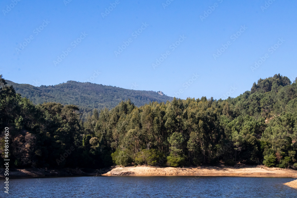Dam in Sintra mountains, Barragem da Mula lake and important water reservoir in Sintra-Cascais Natural Park, Portugal