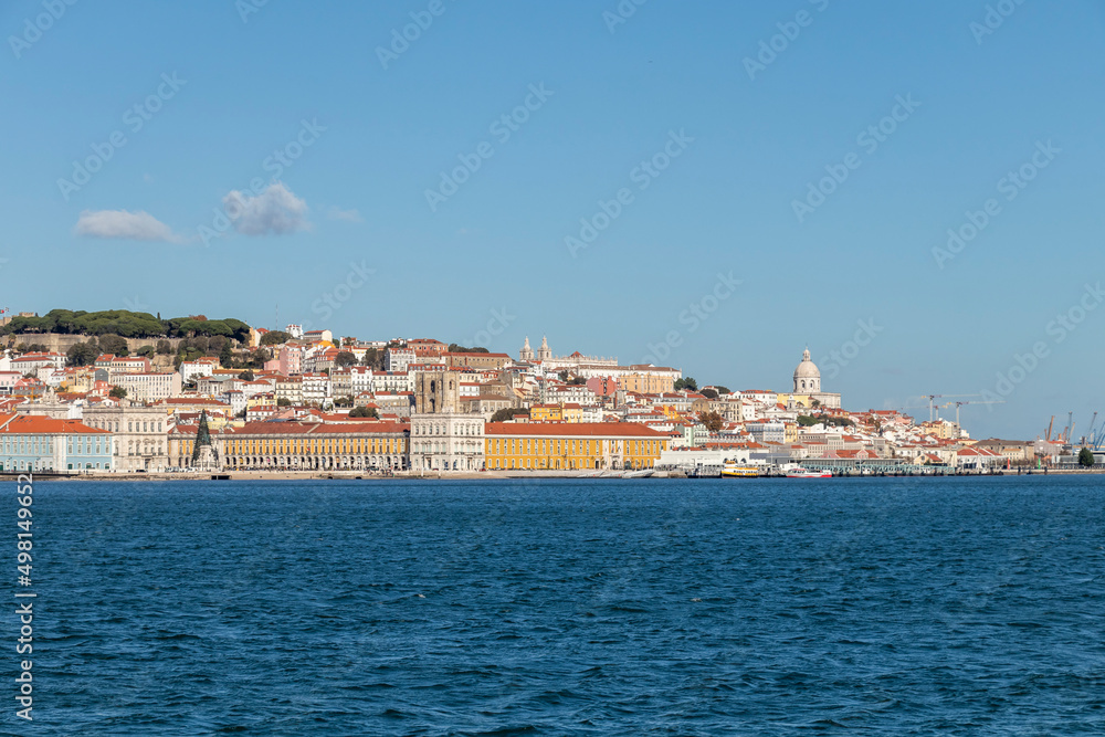 Panoramic view of Lisbon Skyline as seen from Almada with waterfront of Tagus river, Portugal