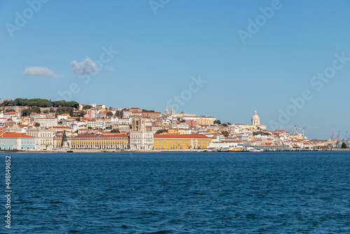Panoramic view of Lisbon Skyline as seen from Almada with waterfront of Tagus river, Portugal