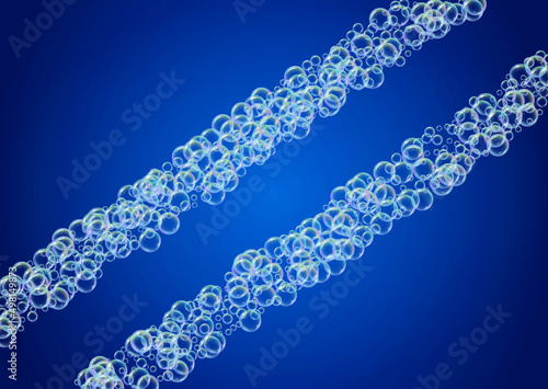 Soap bubble. Detergent bath foam and suds for bathtub. Shampoo. 3d vector illustration invite. Blue fizz and splash. Realistic water frame and border. Rainbow colorful liquid soap bubble.