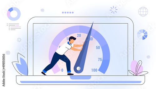 Website loading optimization Page speed and SEO Flat vector concept illustration Website speed Loading time Page optimization Speed test metering dial Slow loading of media content. Signal quality