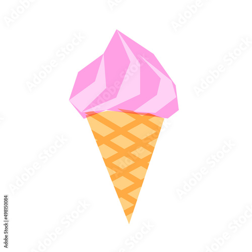 Ice cream cone with bright pink filling, pop art vector. Golden waffle with bubble gum dessert vector.